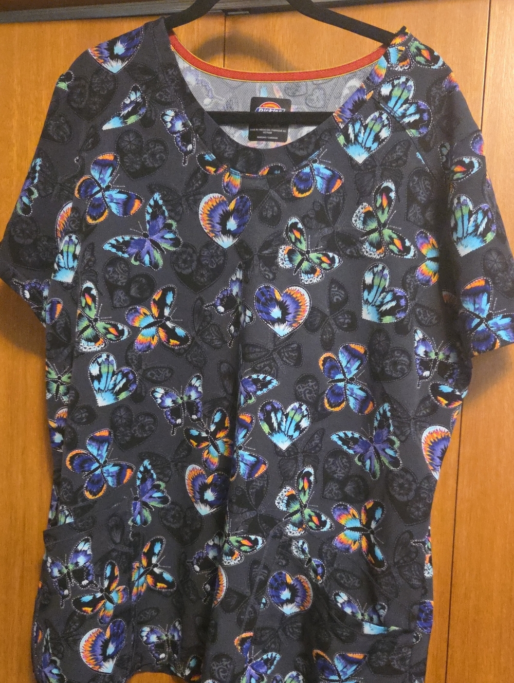 Dickies Black Short Sleeve SCRUB TOP with Multicolor Butterfly Print